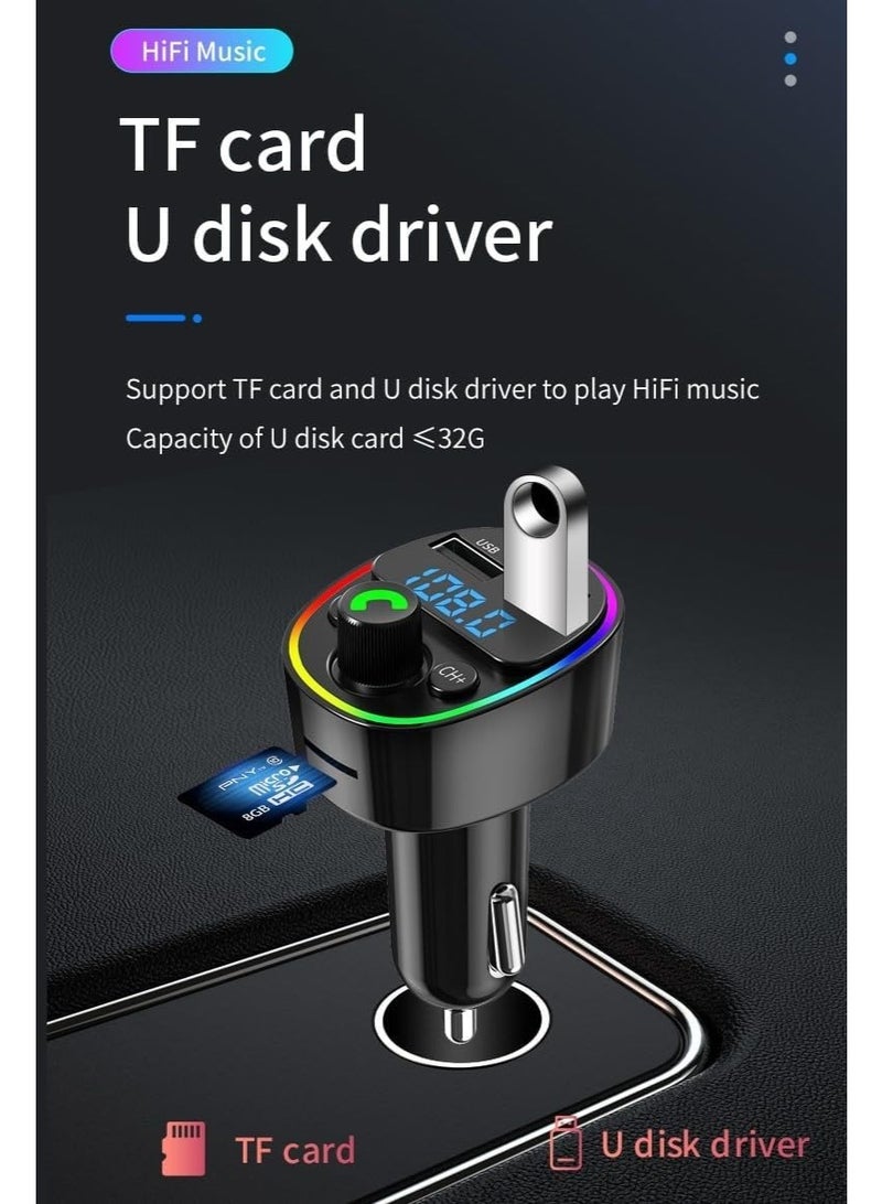 جهاز إرسال FM لاسلكي للسيارة بتقنية البلوتوث ومشغل MP3 - كابل شحن سريع 3 في 1 (Type-C، Micro، Lightning) - طقم مكالمات بدون استخدام اليدين للسيارة مع أضواء LED ملونة RGB وشاشة LED - منفذي USB مزدوجين (أسود) - Image 1